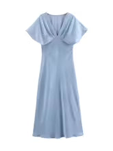 Elegant Solid Satin Zipper Synthetic fiber V Neck Short Sleeve Midi Dress