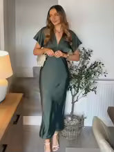 Elegant Solid Satin Zipper Synthetic fiber V Neck Short Sleeve Midi Dress