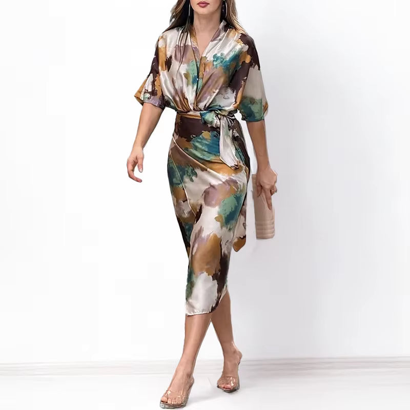 Elegant Solid Short Sleeve V-Neck Waist Length With Belt Tie Up Slit Midi Dress