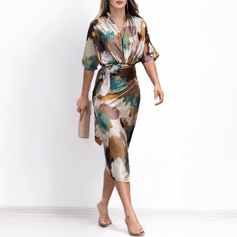 Elegant Solid Short Sleeve V-Neck Waist Length With Belt Tie Up Slit Midi Dress