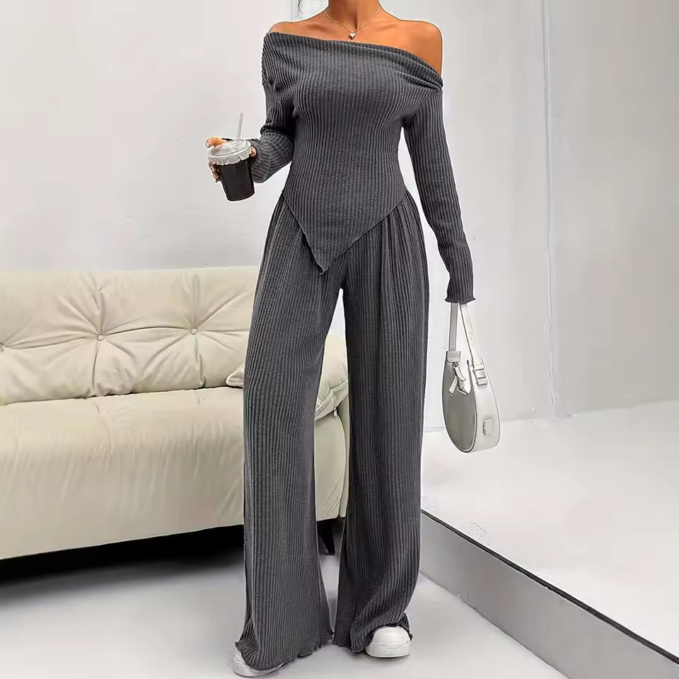 Elegant Solid Slash Neck Long Sleeve T Shirt High Waist Pants Two Piece Set