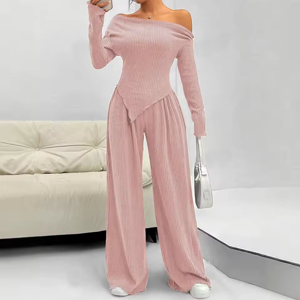 Elegant Solid Slash Neck Long Sleeve T Shirt High Waist Pants Two Piece Set