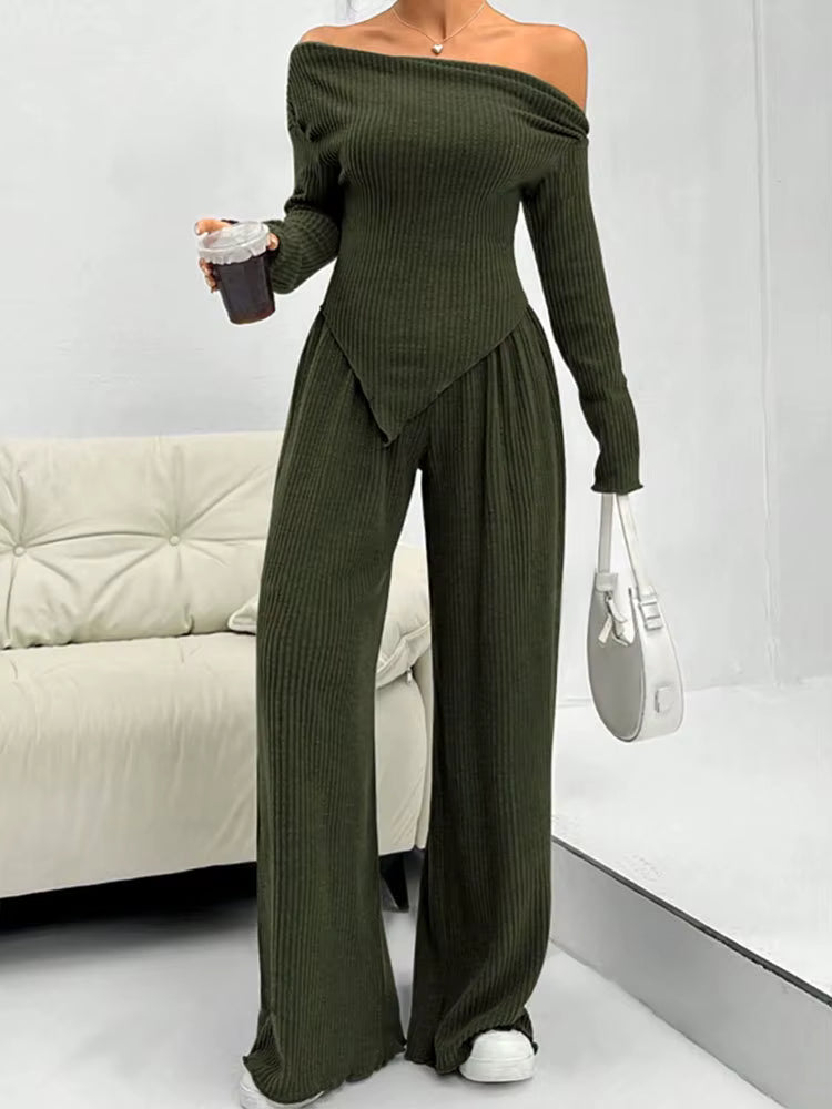 Elegant Solid Slash Neck Long Sleeve T Shirt High Waist Pants Two Piece Set