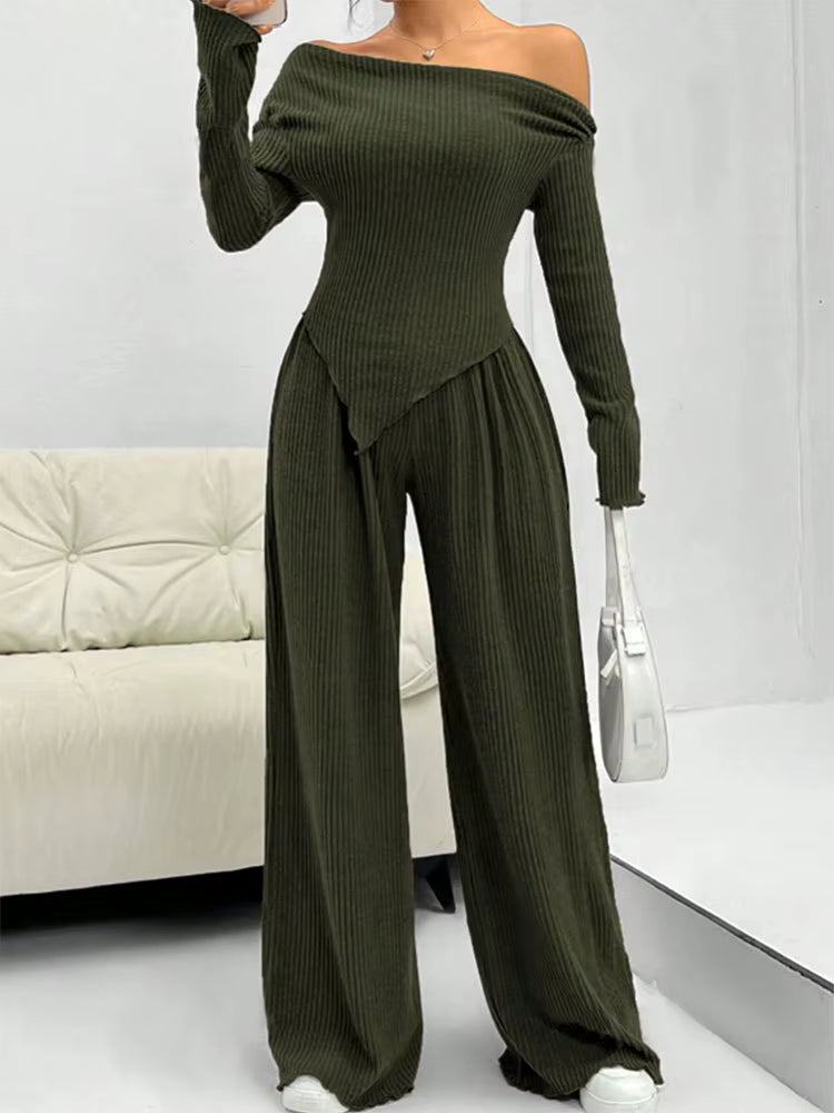 Elegant Solid Slash Neck Long Sleeve T Shirt High Waist Pants Two Piece Set