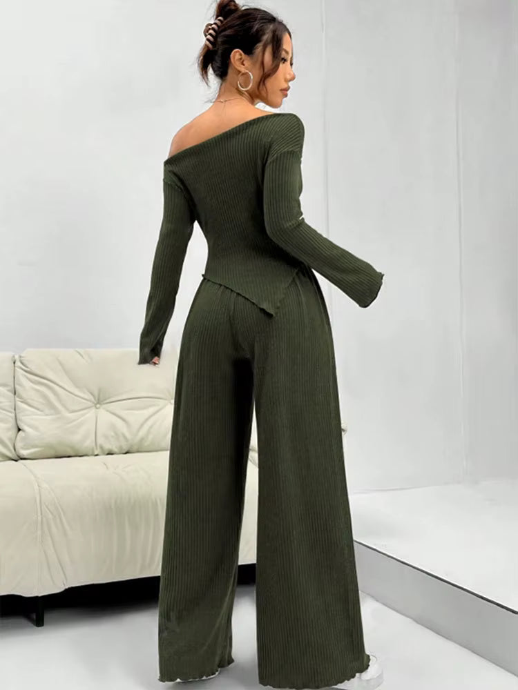Elegant Solid Slash Neck Long Sleeve T Shirt High Waist Pants Two Piece Set