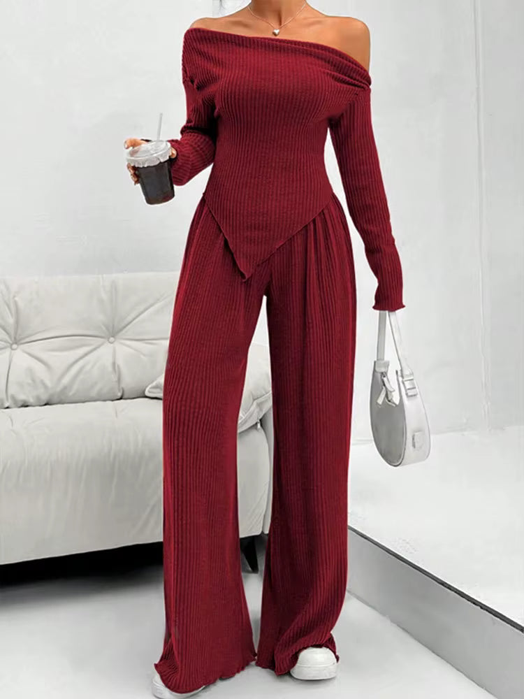 Elegant Solid Slash Neck Long Sleeve T Shirt High Waist Pants Two Piece Set