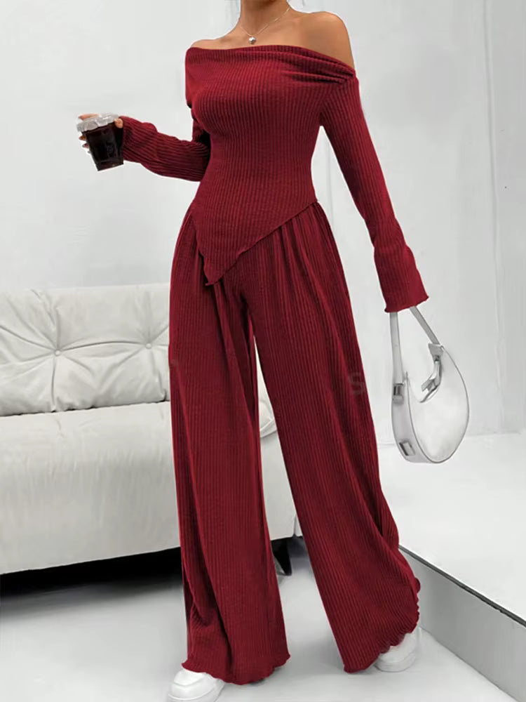 Elegant Solid Slash Neck Long Sleeve T Shirt High Waist Pants Two Piece Set