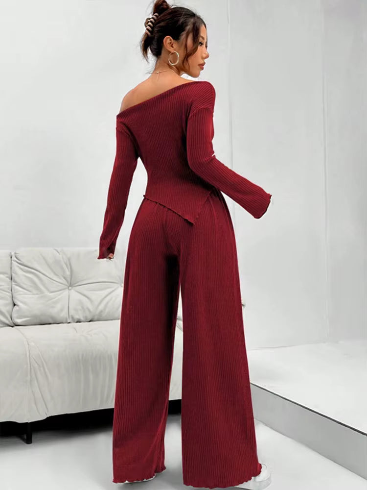 Elegant Solid Slash Neck Long Sleeve T Shirt High Waist Pants Two Piece Set