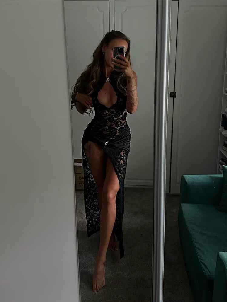 Elegant Solid Sleeveless Tank Hollow Out O-Neck High Side Split Lace Maxi Dress