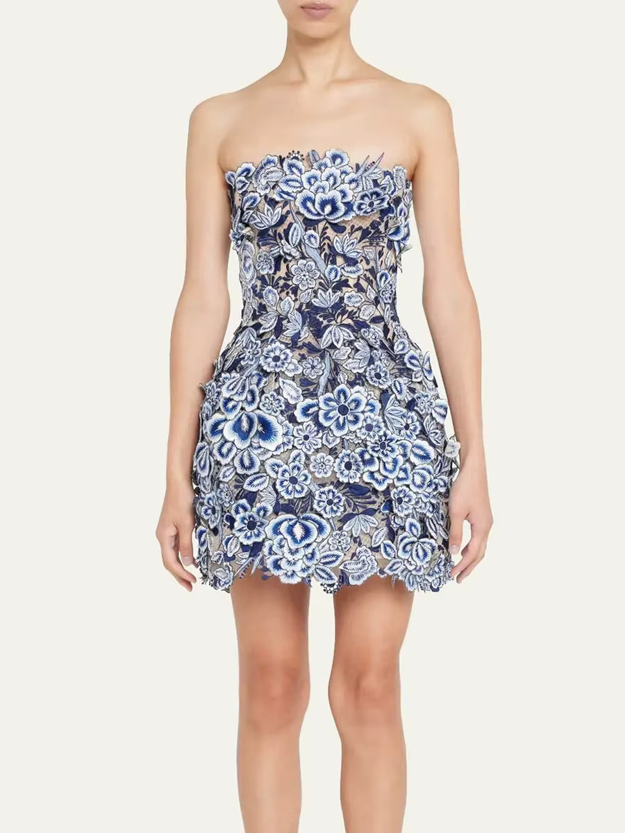 Elegant Solid Slimming Spliced Appliques Strapless Sleeveless High Waist Mini Dress