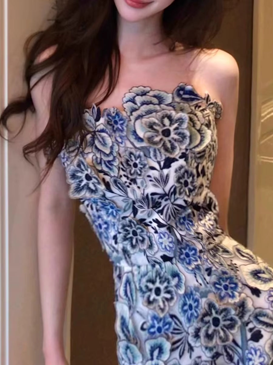 Elegant Solid Slimming Spliced Appliques Strapless Sleeveless High Waist Mini Dress