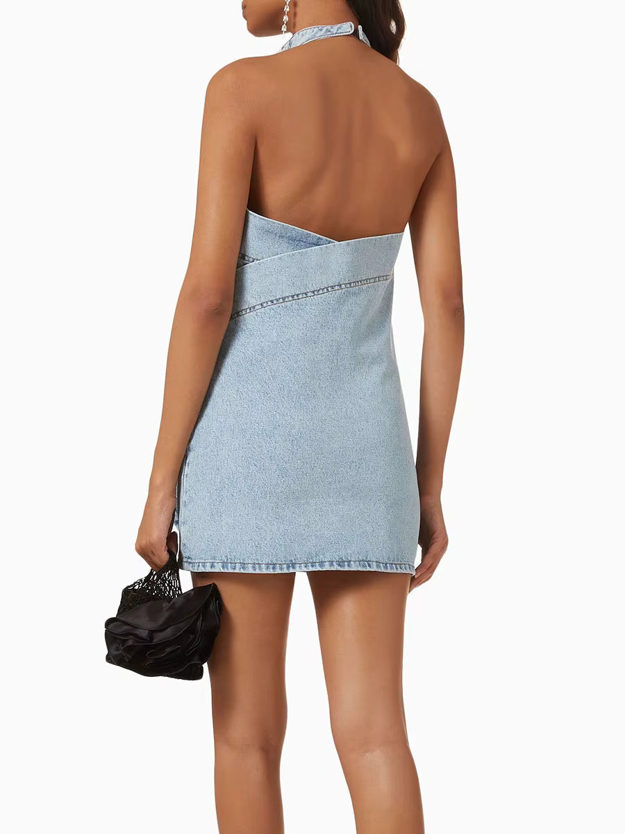 Elegant Solid Spliced Appliques Minimalist Halter Sleeveless High Waist Mini Dress