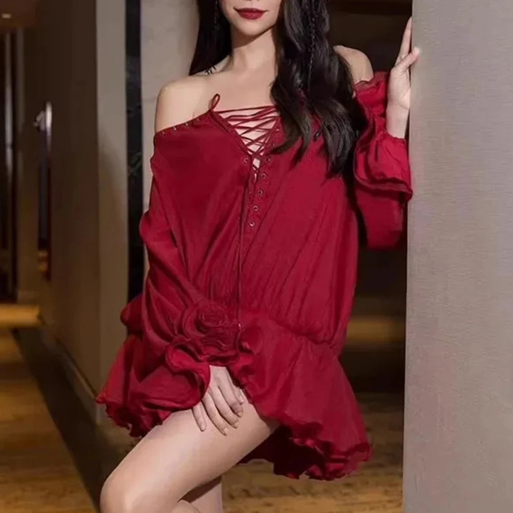 Elegant Solid Spliced Lace Up Slash Neck Long Sleeve High Waist Mini Dress