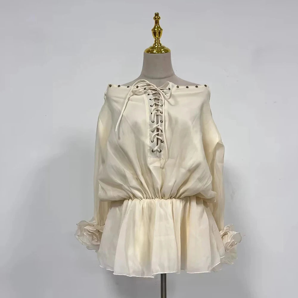 Elegant Solid Spliced Lace Up Slash Neck Long Sleeve High Waist Mini Dress