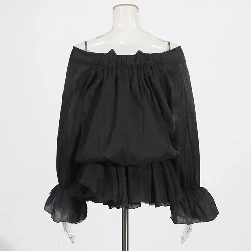 Elegant Solid Spliced Lace Up Slash Neck Long Sleeve High Waist Mini Dress
