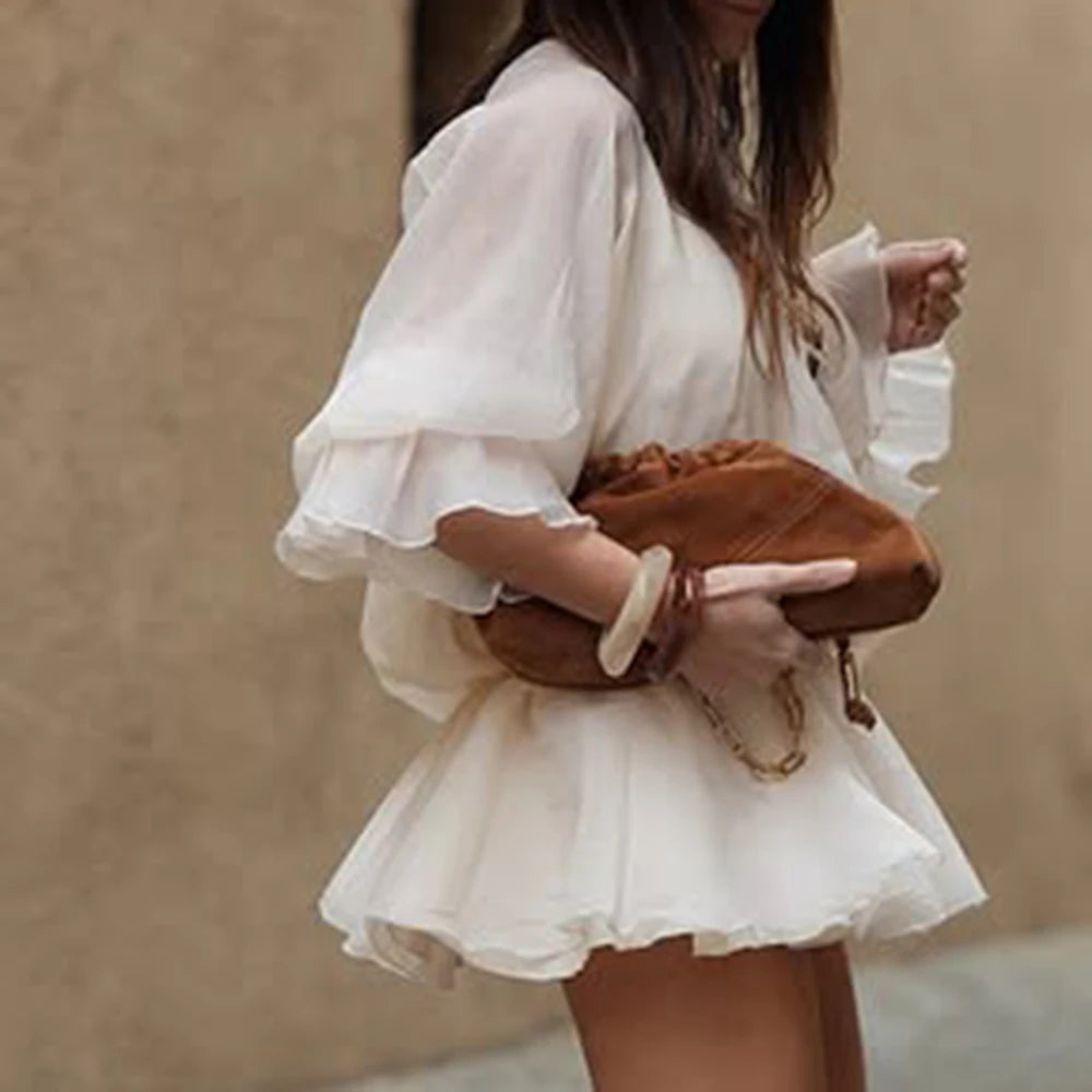 Elegant Solid Spliced Lace Up Slash Neck Long Sleeve High Waist Mini Dress