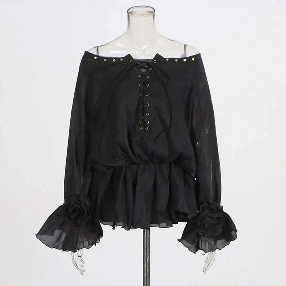Elegant Solid Spliced Lace Up Slash Neck Long Sleeve High Waist Mini Dress
