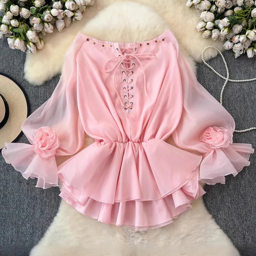 Elegant Solid Spliced Lace Up Slash Neck Long Sleeve High Waist Mini Dress