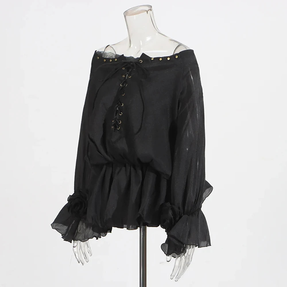 Elegant Solid Spliced Lace Up Slash Neck Long Sleeve High Waist Mini Dress