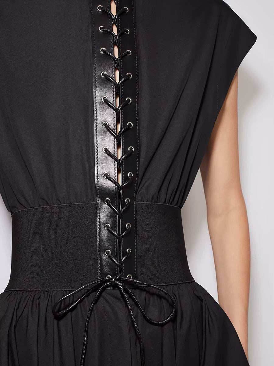 Elegant Solid Spliced Lace Up Slimming O-Neck Sleeveless High Waist Midi Dress