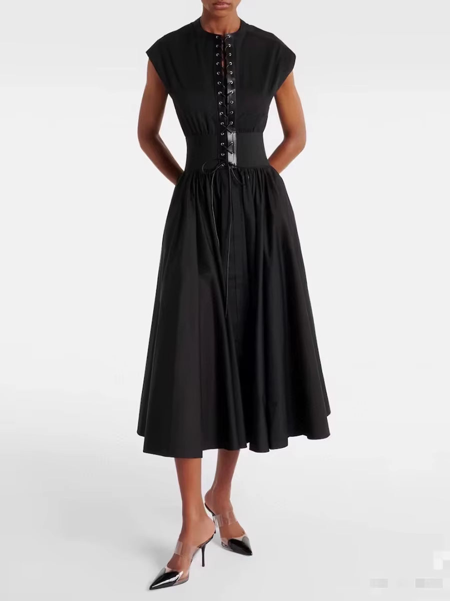 Elegant Solid Spliced Lace Up Slimming O-Neck Sleeveless High Waist Midi Dress