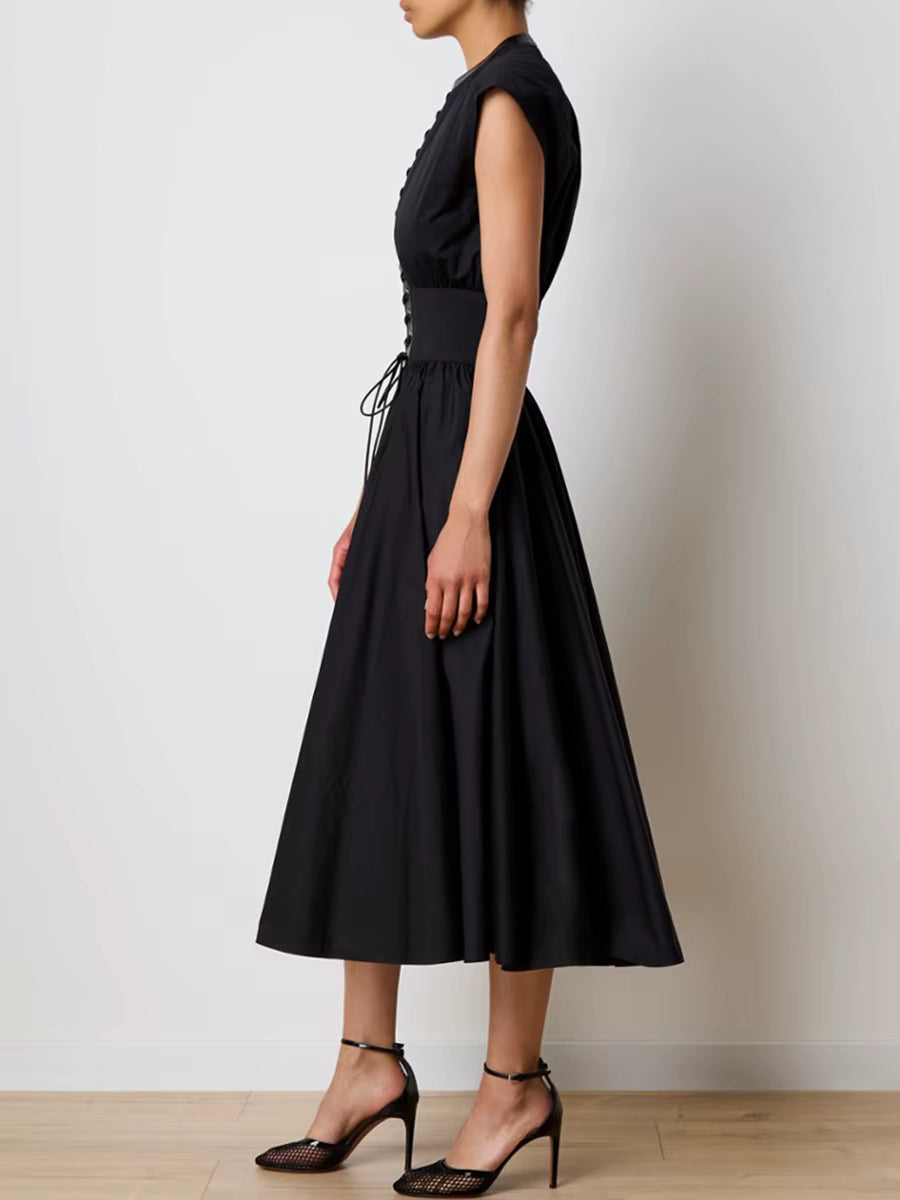 Elegant Solid Spliced Lace Up Slimming O-Neck Sleeveless High Waist Midi Dress