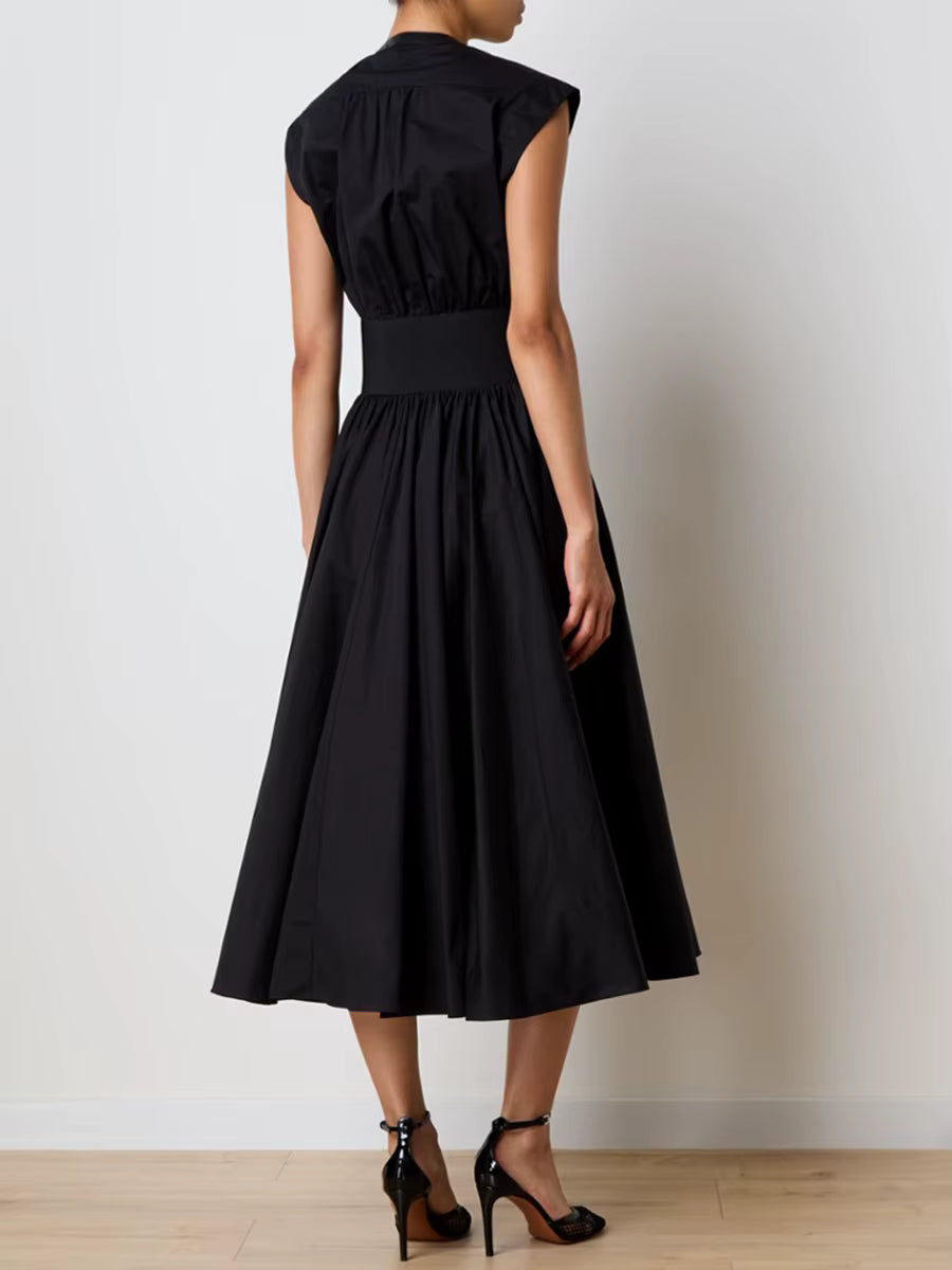 Elegant Solid Spliced Lace Up Slimming O-Neck Sleeveless High Waist Midi Dress