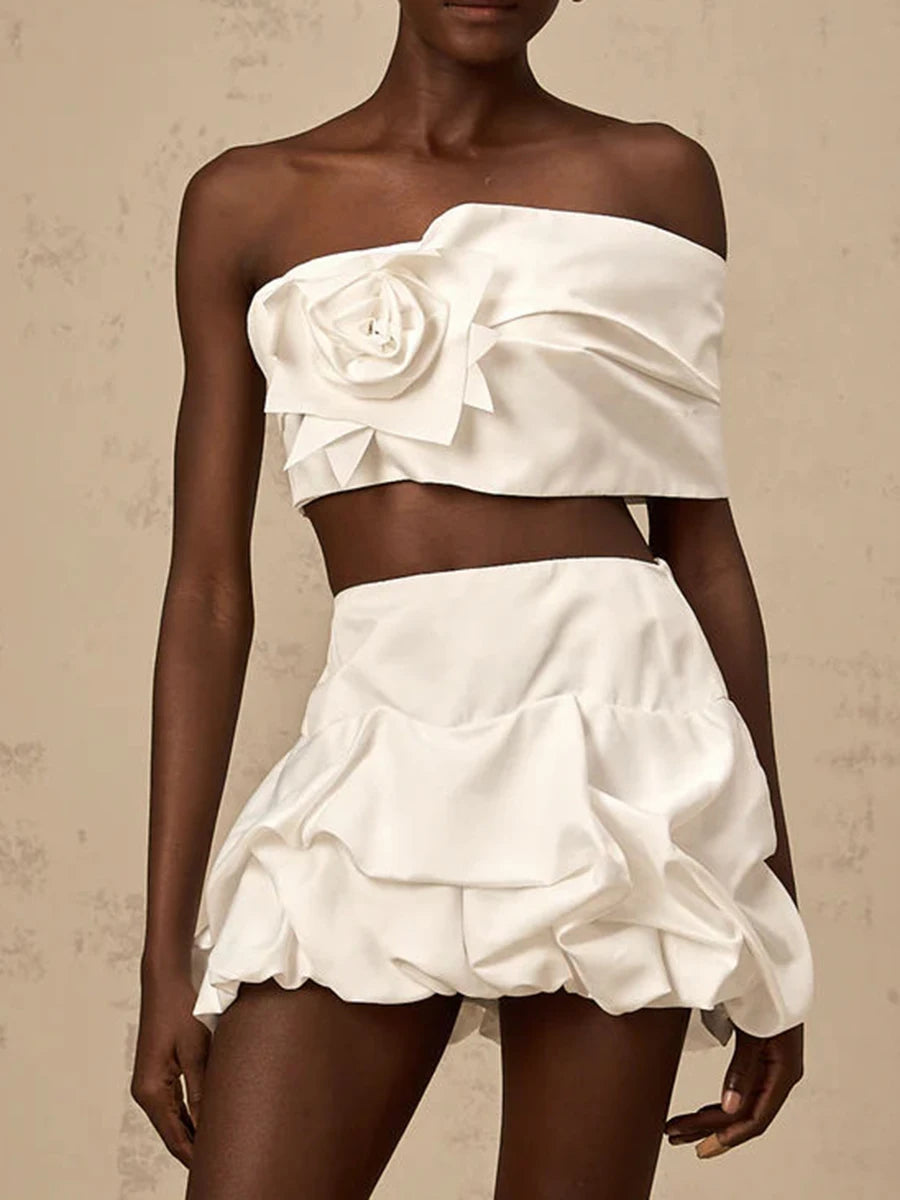 Elegant Solid Strapless Spliced 3D Flower Patchwork Folds Skirt Two Piece Sets
