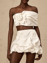 Elegant Solid Strapless Spliced 3D Flower Patchwork Folds Skirt Two Piece Sets