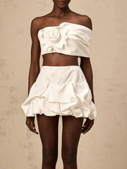 Elegant Solid Strapless Spliced 3D Flower Patchwork Folds Skirt Two Piece Sets