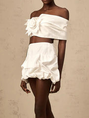 Elegant Solid Strapless Spliced 3D Flower Patchwork Folds Skirt Two Piece Sets