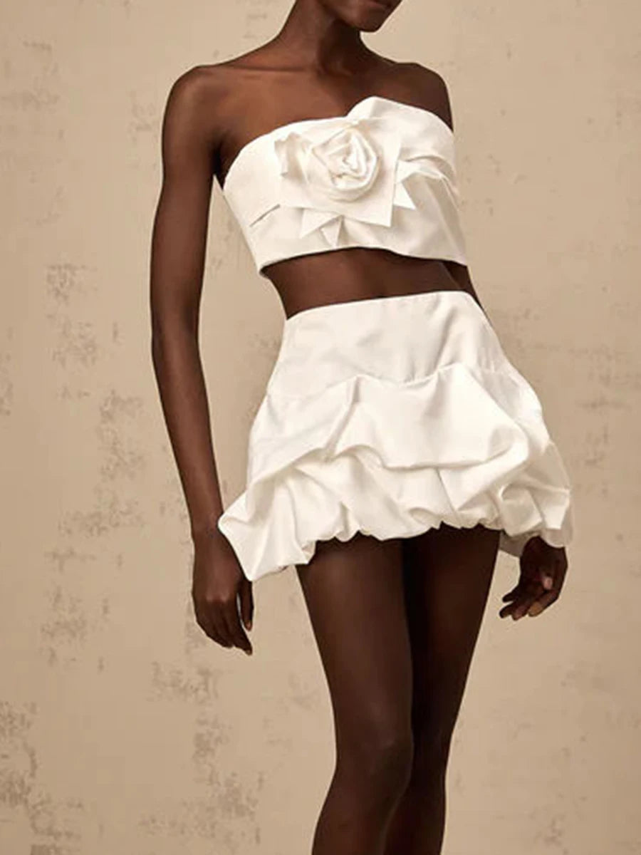 Elegant Solid Strapless Spliced 3D Flower Patchwork Folds Skirt Two Piece Sets
