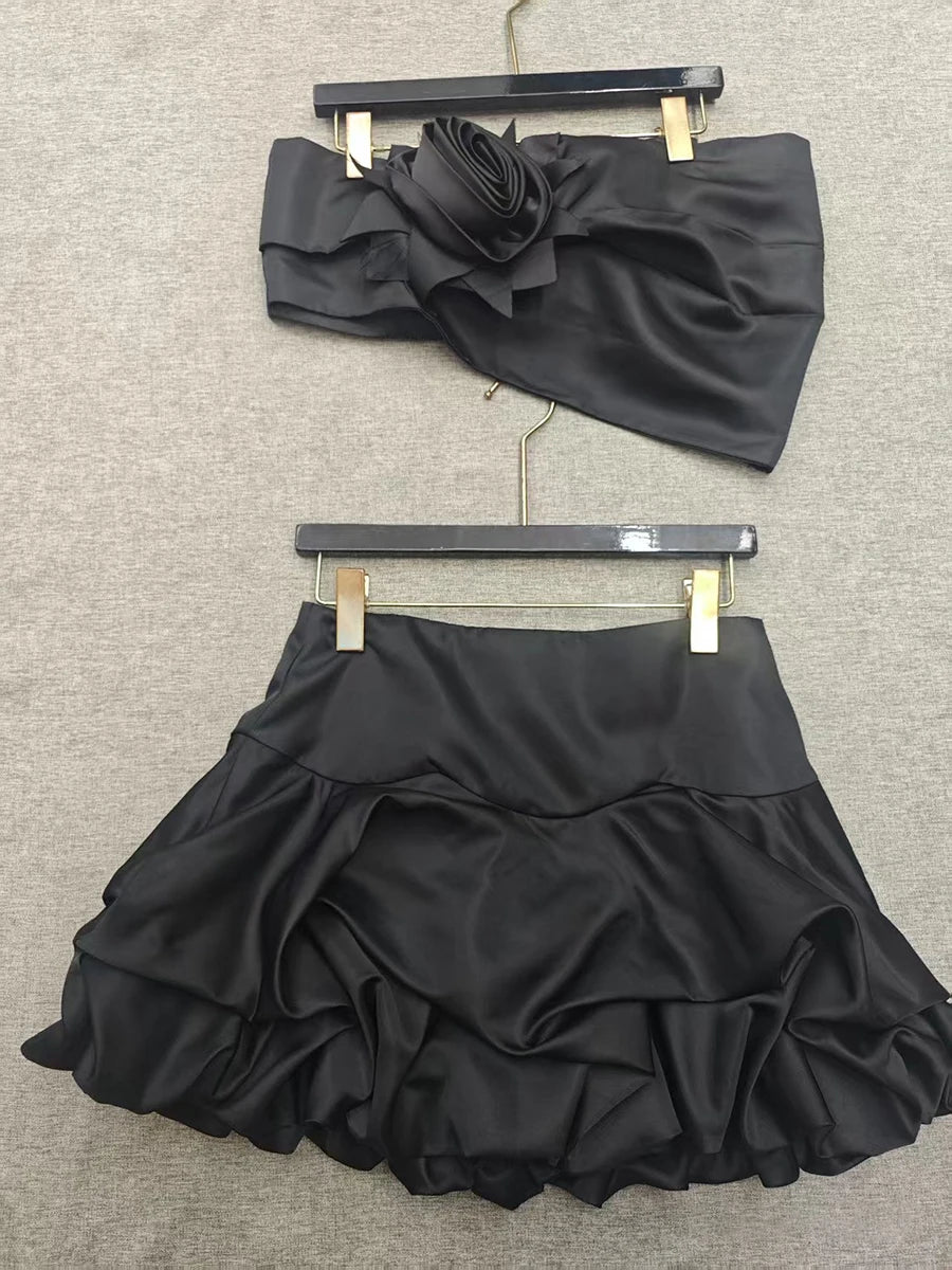 Elegant Solid Strapless Spliced 3D Flower Patchwork Folds Skirt Two Piece Sets