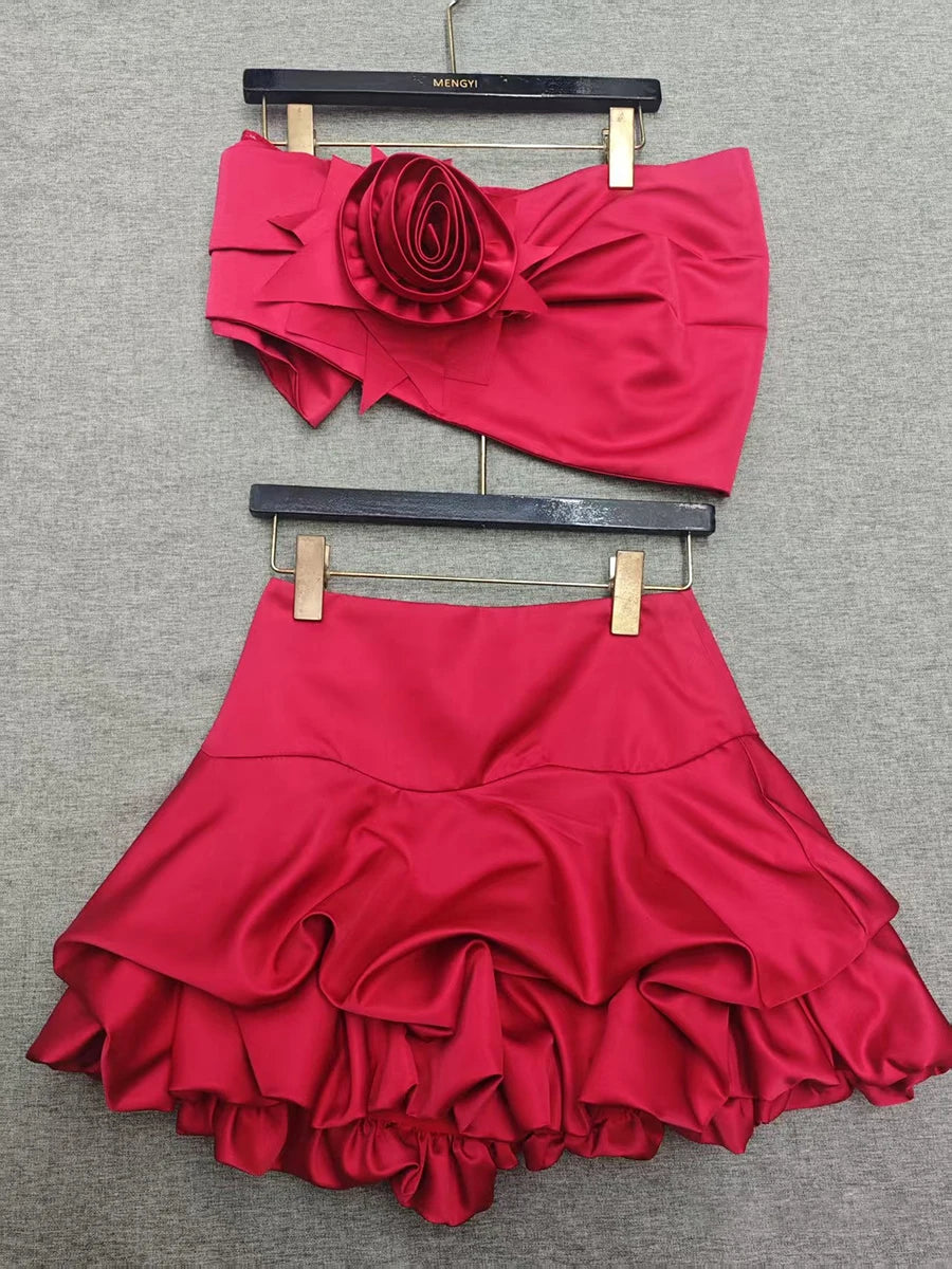 Elegant Solid Strapless Spliced 3D Flower Patchwork Folds Skirt Two Piece Sets
