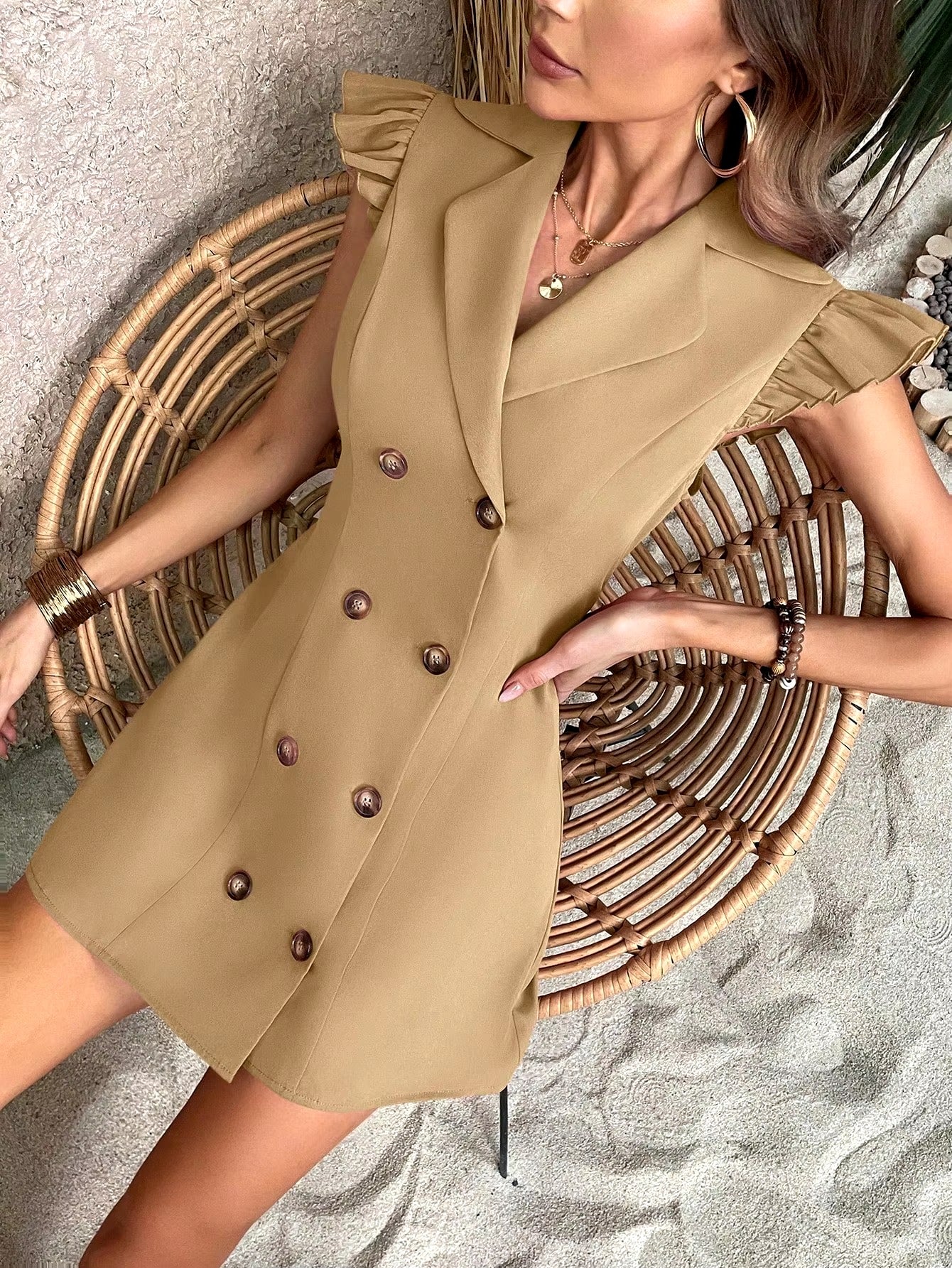 Elegant Solid Turn-down Collar short Sleeve Party Club Slim Fit Mini Blazer Dress