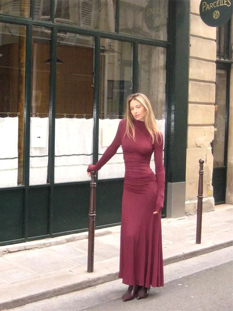 Elegant Solid Turtleneck Chic Pleated Long Sleeve High Street Slim Dresses