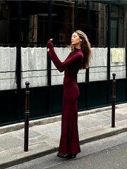 Elegant Solid Turtleneck Chic Pleated Long Sleeve High Street Slim Dresses