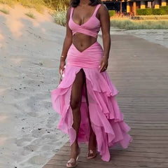 Elegant Solid V-Neck Hollow Out Backless Tank Top Layered Pleated Long Skirt  2 Piece Set
