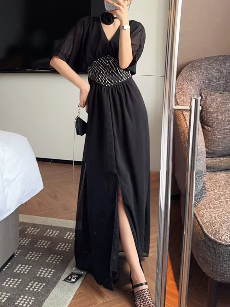 Elegant Solid V-Neck Short Sleeves High Waist Patchwork Diamonds Loose Split Maxi Dress