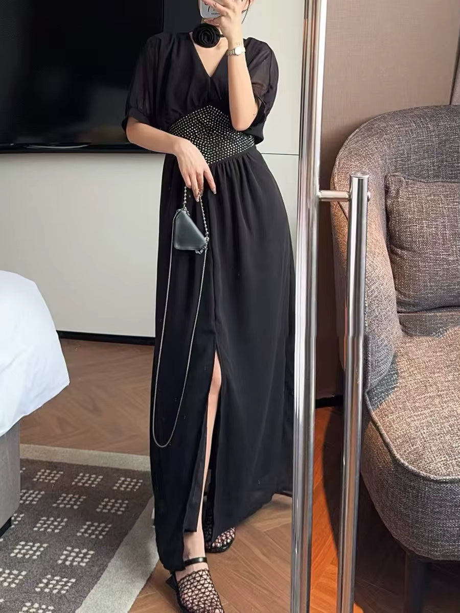 Elegant Solid V-Neck Short Sleeves High Waist Patchwork Diamonds Loose Split Maxi Dress