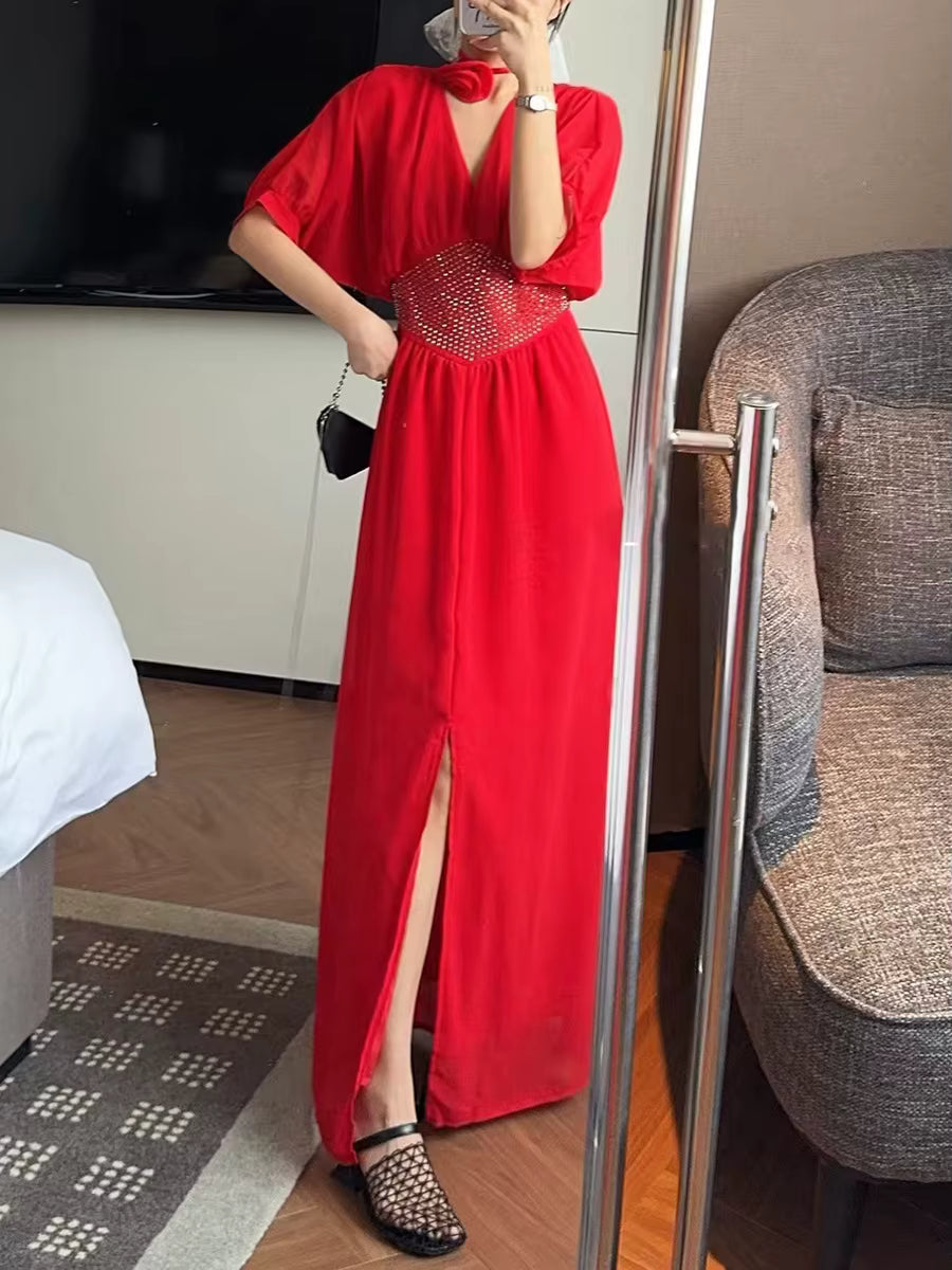 Elegant Solid V-Neck Short Sleeves High Waist Patchwork Diamonds Loose Split Maxi Dress