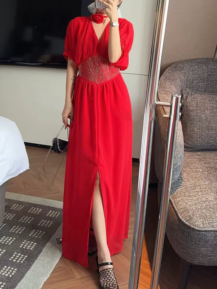 Elegant Solid V-Neck Short Sleeves High Waist Patchwork Diamonds Loose Split Maxi Dress