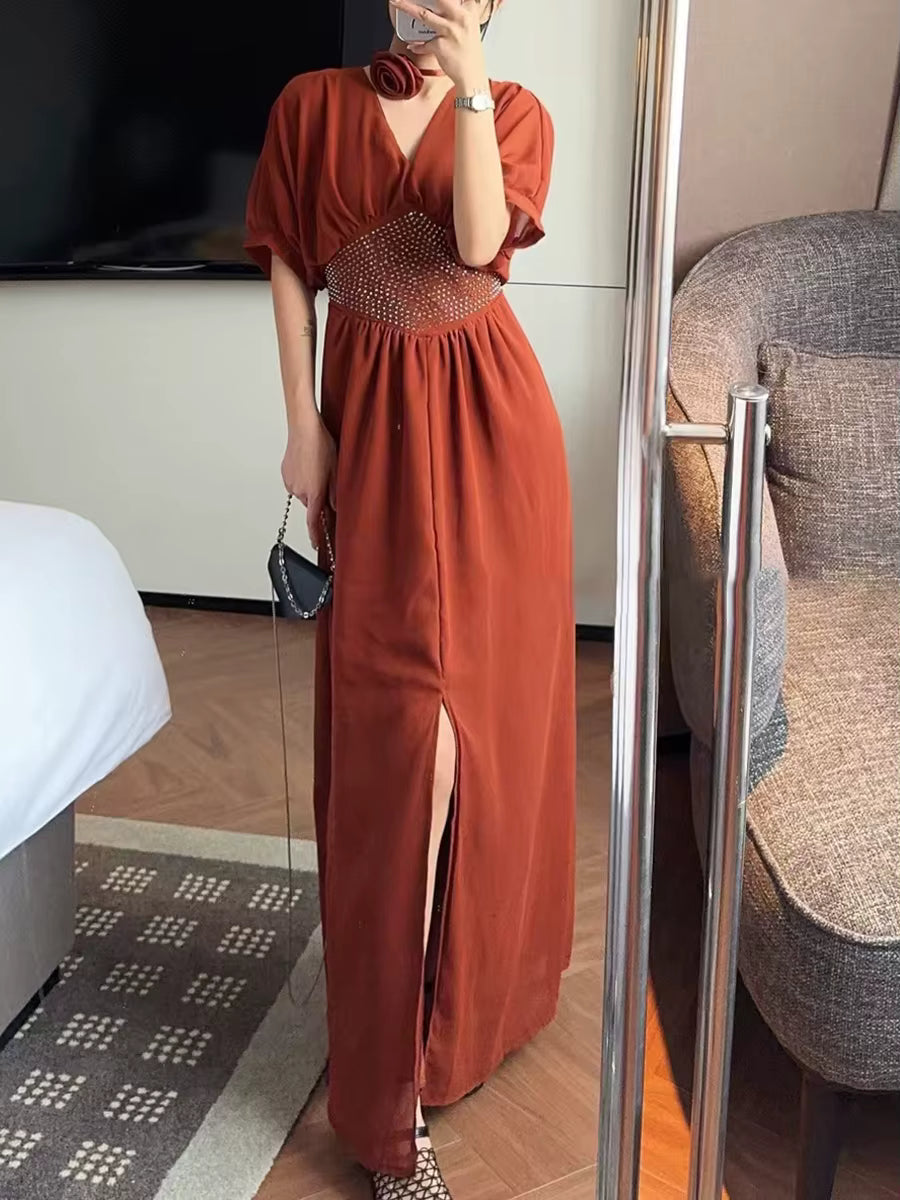 Elegant Solid V-Neck Short Sleeves High Waist Patchwork Diamonds Loose Split Maxi Dress