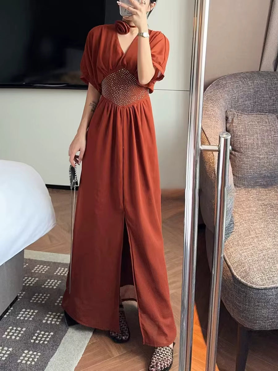 Elegant Solid V-Neck Short Sleeves High Waist Patchwork Diamonds Loose Split Maxi Dress