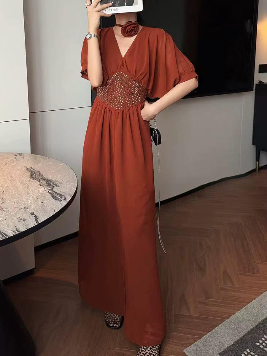 Elegant Solid V-Neck Short Sleeves High Waist Patchwork Diamonds Loose Split Maxi Dress