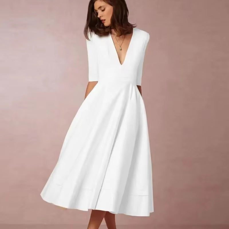 Elegant Solid V neck Half Sleeve Daily Casual Medium-length Dress