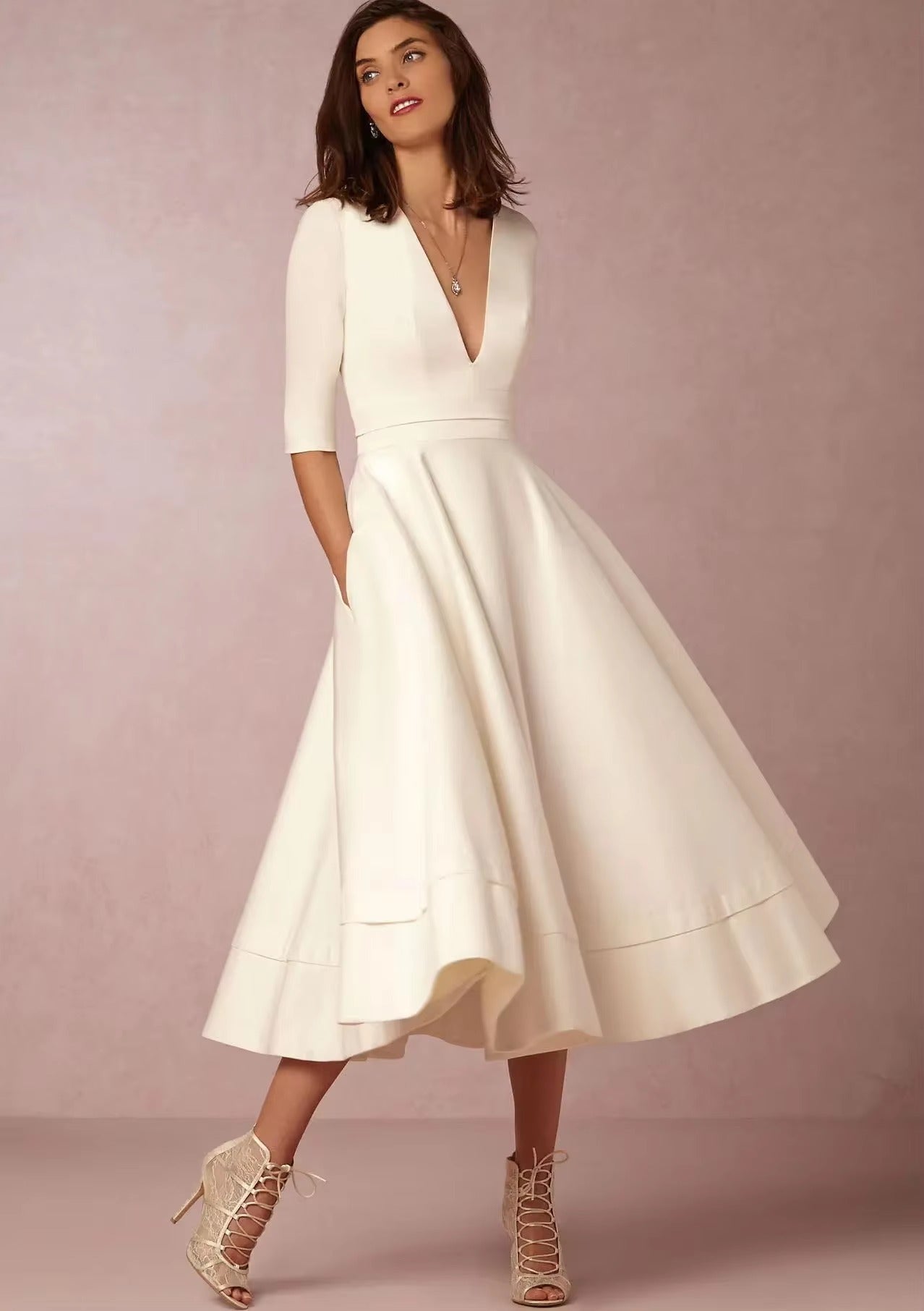 Elegant Solid V neck Half Sleeve Daily Casual Medium-length Dress
