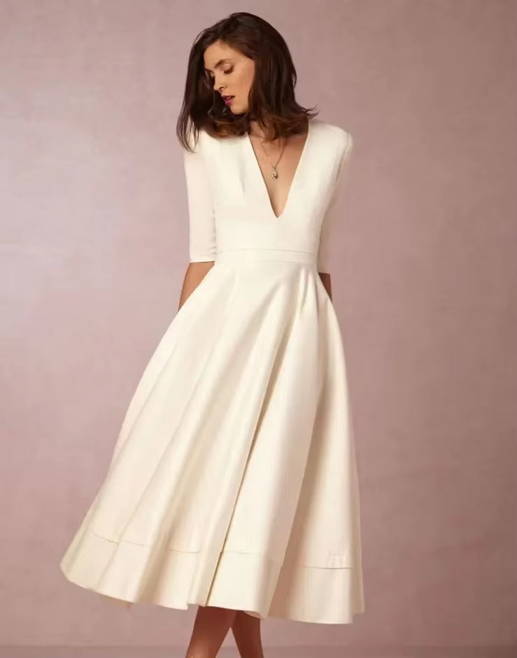Elegant Solid V neck Half Sleeve Daily Casual Medium-length Dress