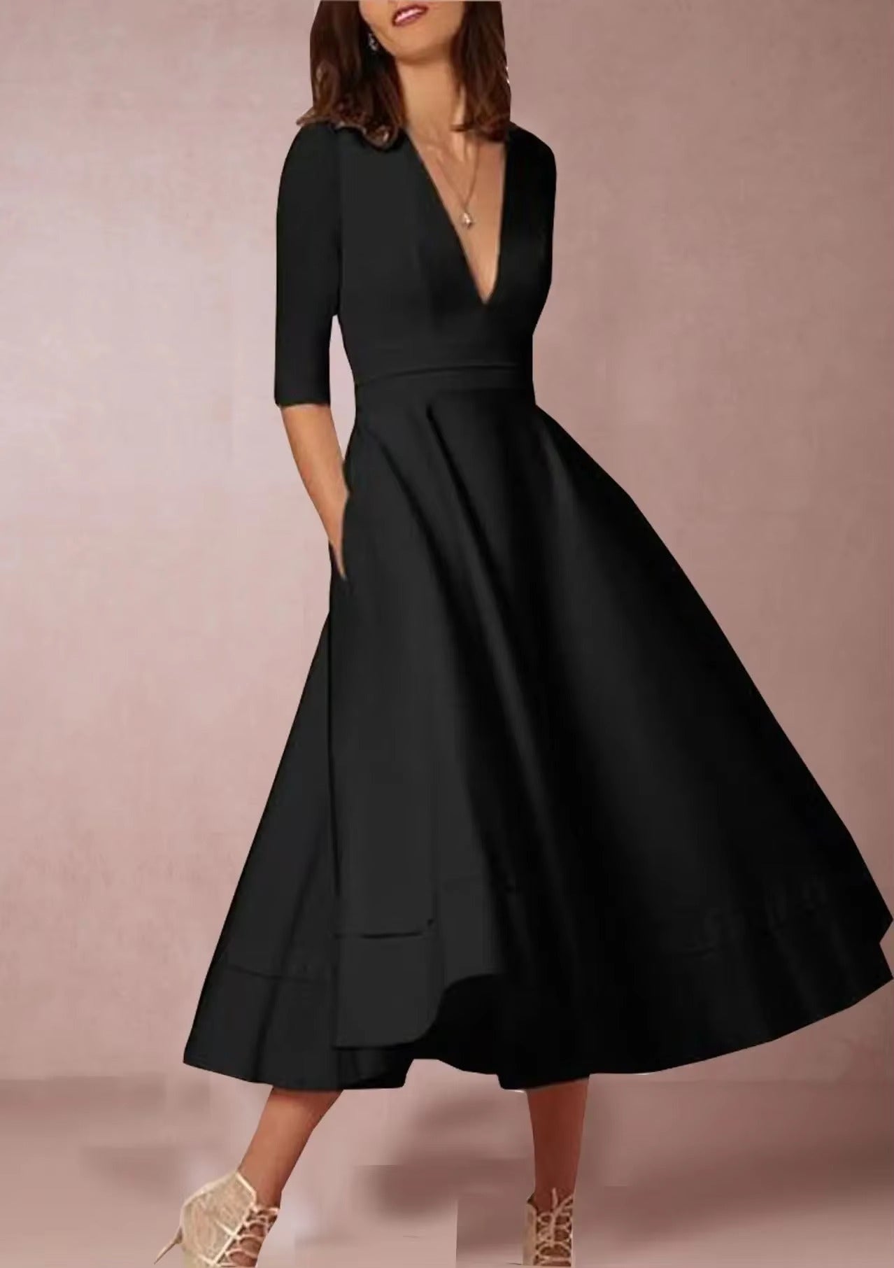 Elegant Solid V neck Half Sleeve Daily Casual Medium-length Dress