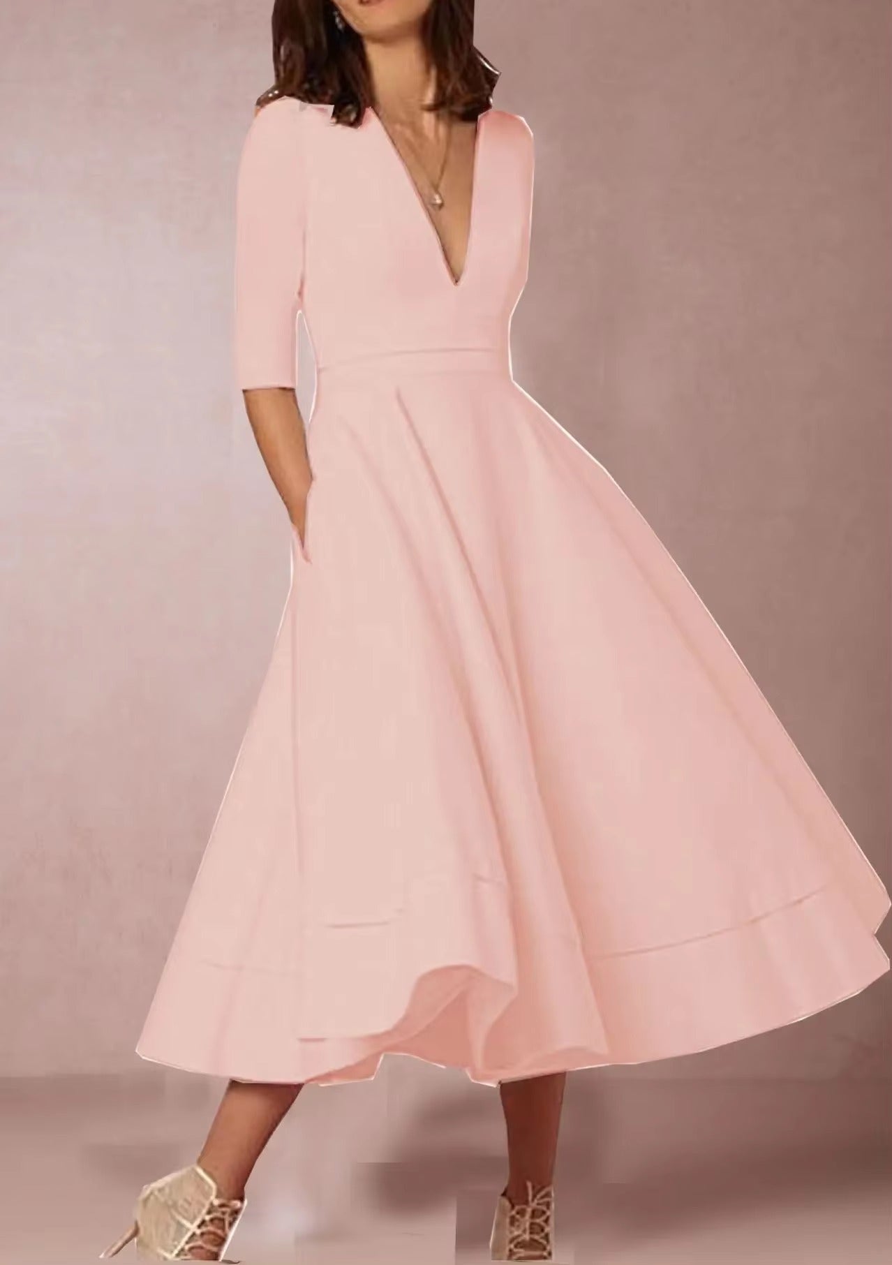 Elegant Solid V neck Half Sleeve Daily Casual Medium-length Dress